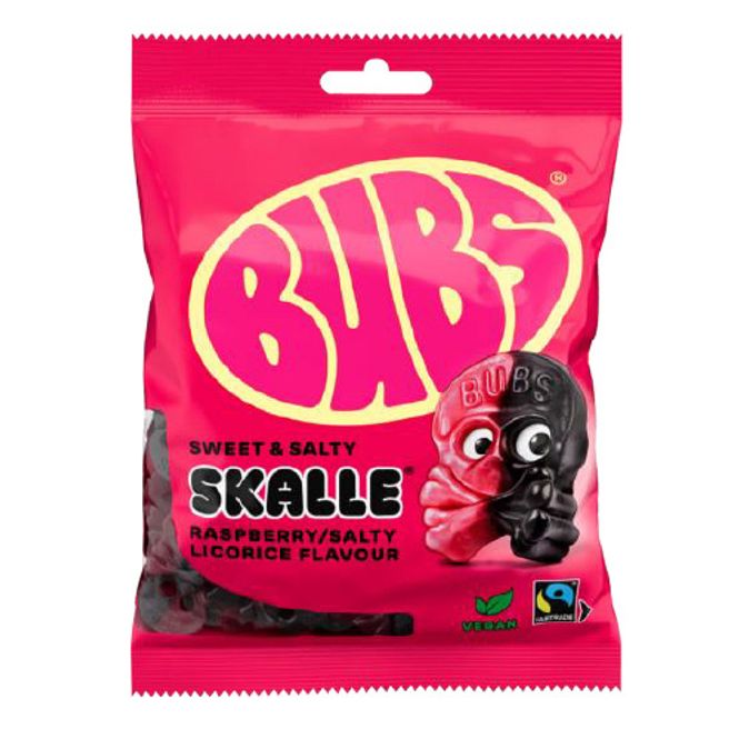 Hovedbilde BUBS RASPBERRY SALTY LICORICE SKALLE 90G