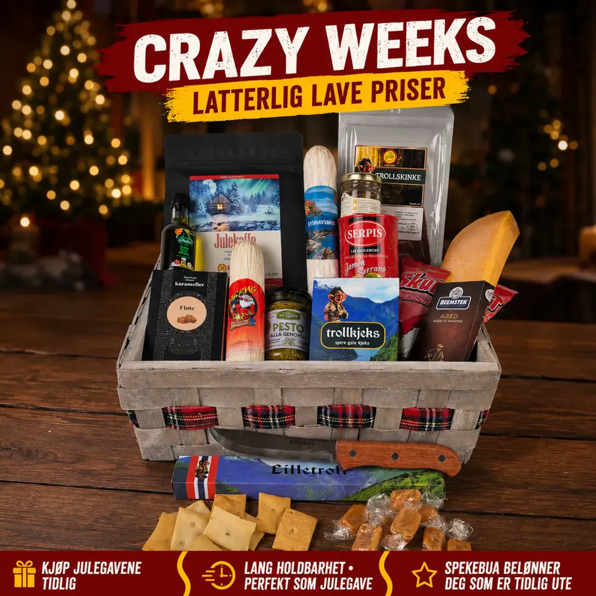 Crazy Weeks Julekurv med pølser, snacks og kniv